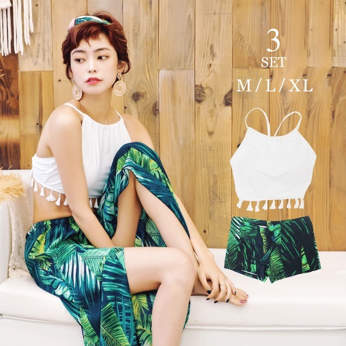 【国内発送】 水着 レディース 体系カバー 冬秋春夏 水着 レディース　体型カバー 3点セット ハイネック バンドゥビキニ ボタニカル ショートパンツ マ