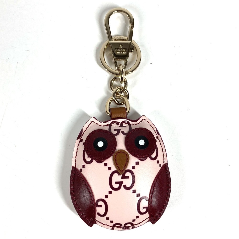 キーホルダー 821813 オウル ふくろう シェイプ バッグ チャーム GGエンブレム バッグチャーム レザー ピンク
