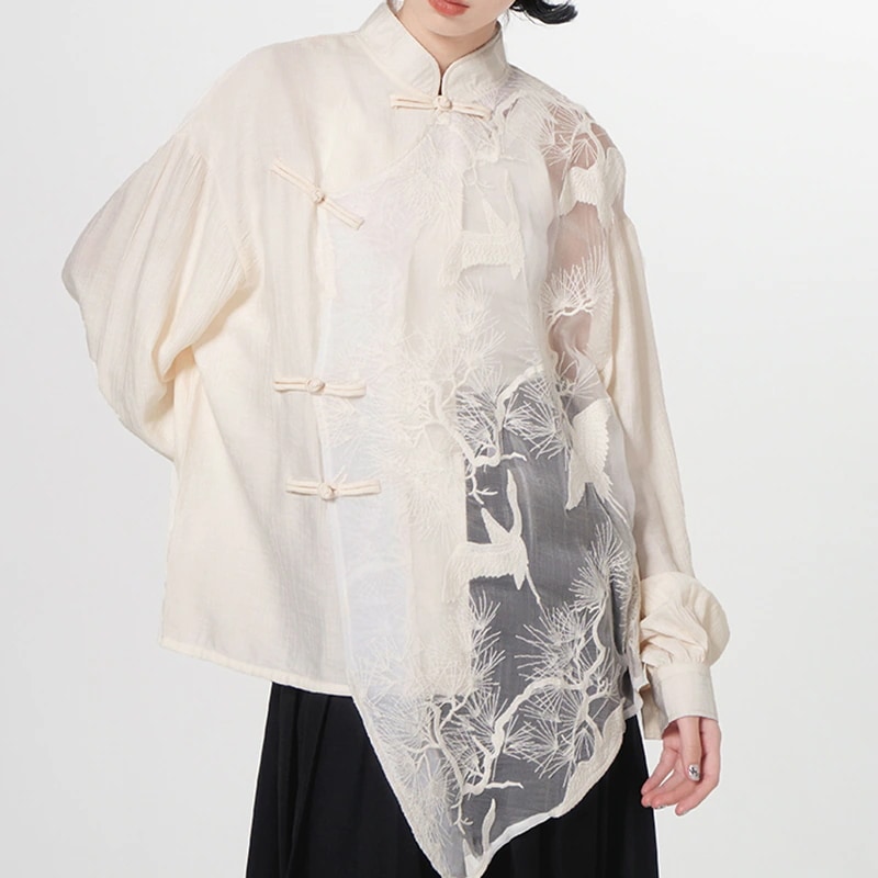 切り替えシャツ ブラウス 長袖 チャイナ風シャツ レディース 立ち襟ブラウス チャイナボタン 鶴 不規則 個性的