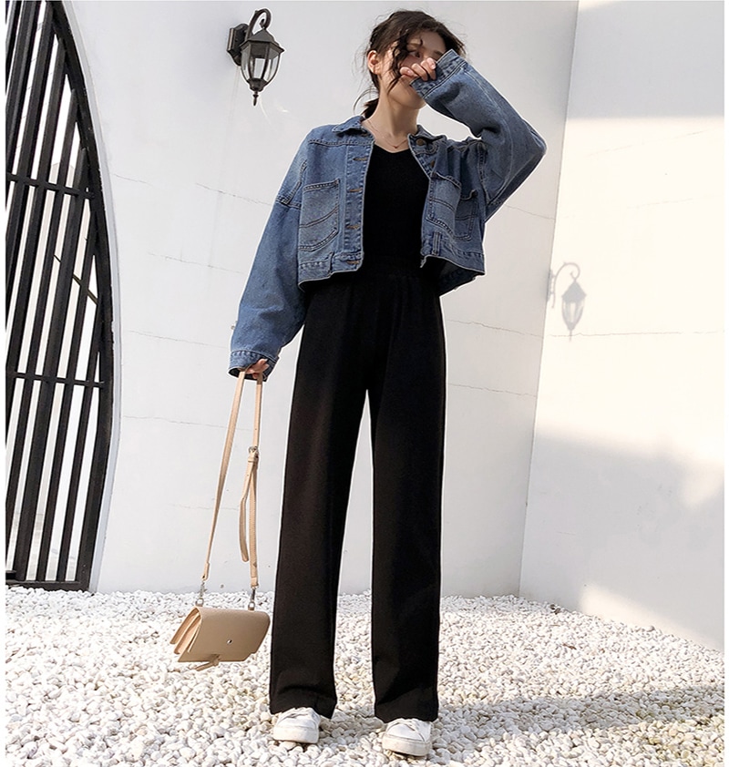 ウエストパンツレディースブラック韓国ハイウエストパンツ大判ワイドパンツ女性ストレート