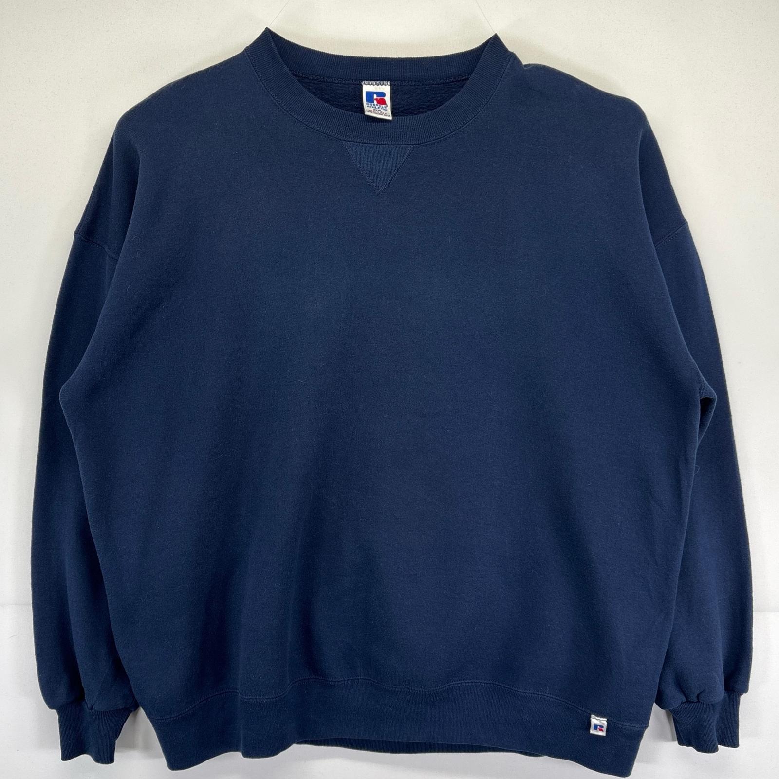 古着 90s/90年代 USA製 スウェット クルーネック 大きいサイズ トレーナー 無地 ワンポイントロゴ 3XL ネイビー メンズ