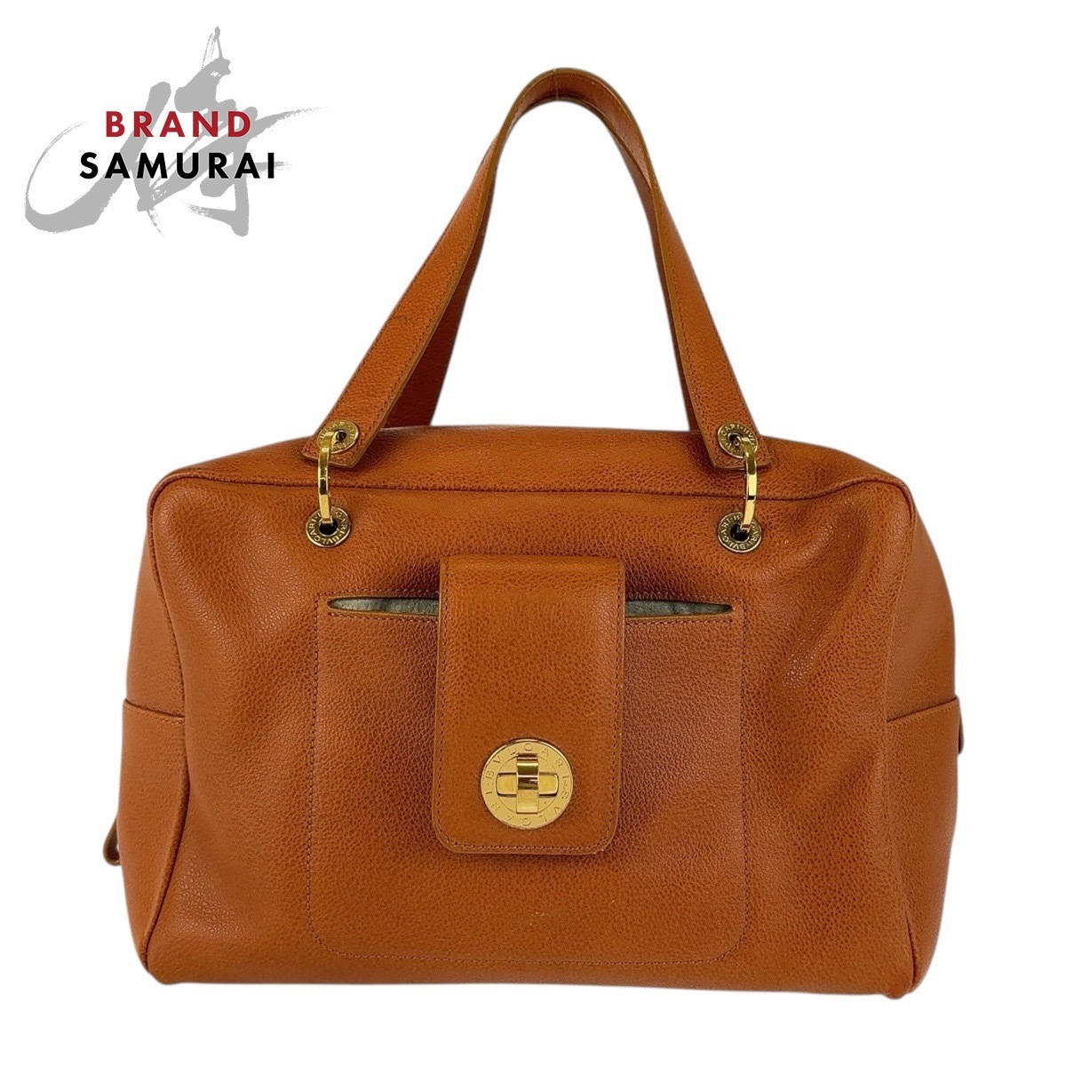 美品 ブルガリブルガリ ターンロック ブラウン ゴールド金具 レザー ハンドバッグ ボストンバッグ レディース 502921