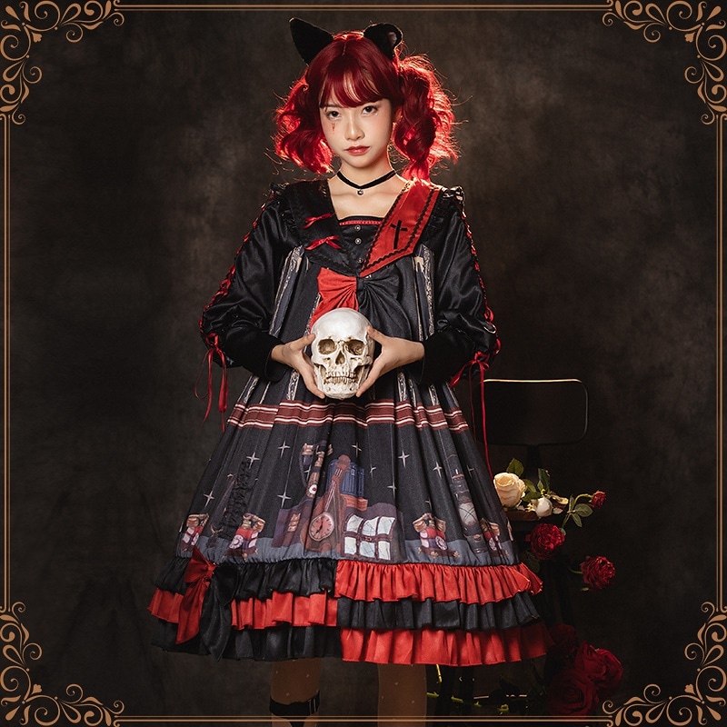 HeartbeatsロリータGothicオリジナルデザイン手巻き携帯電話ハイウエストゴシック風長袖OPドレスlolitaランタンスリーブ妊婦赤と黒インターレースワンピース