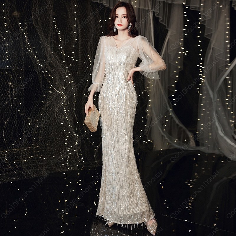 ロングドレス ドレス マーメイド 黒 袖ありポワン袖 カシュクール キラ 大きいサイズ 大人 演奏会 ピアノ ロング 4L 20代 30代 40代-362-30