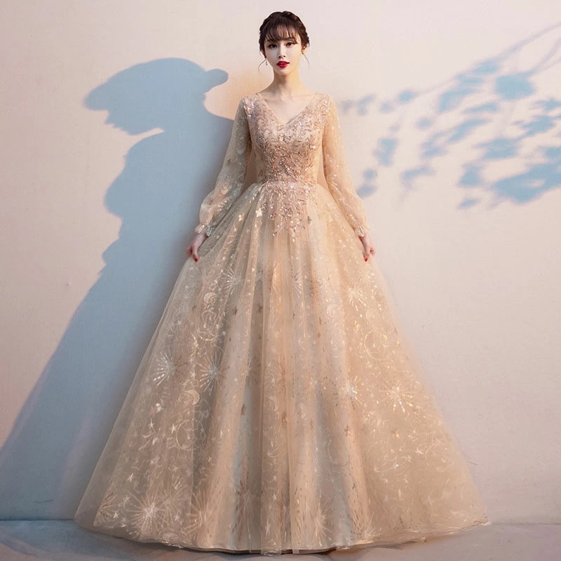 2点購入で200円割引安い ウェディングドレス ウエディングドレス カラードレス ロングドレス Aラインドレス ゴールド 長袖 ロングスリーブ パーティードレス 発表会ドレス 演奏会 ステージ コンク