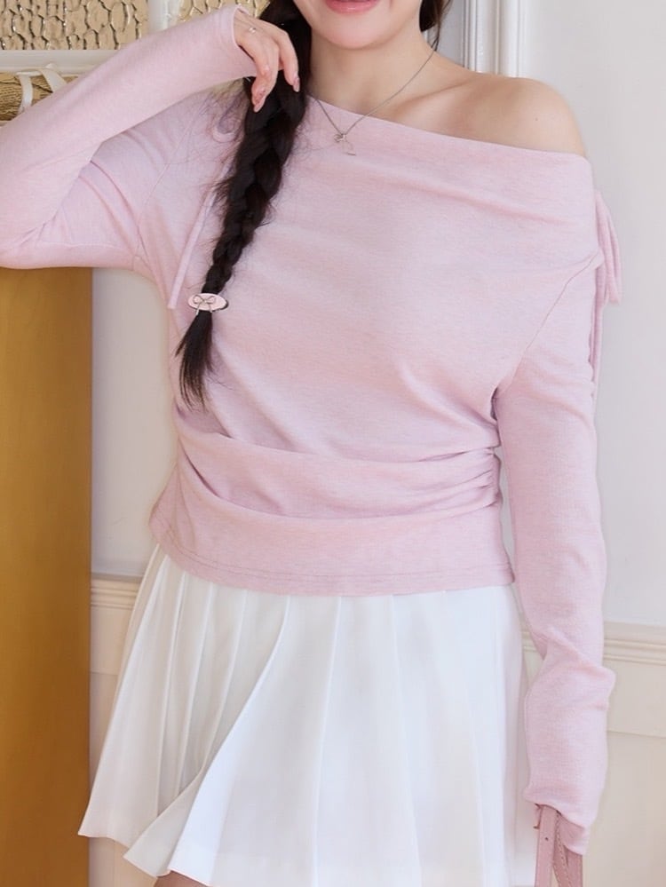 肩見せで色っぽ可愛い リボン付きオフショルダーカットソー 春色 お洒落 大人 可愛い カジュアル きれいめ デート 体型カバー 大きいサイズ 韓国 CH10506