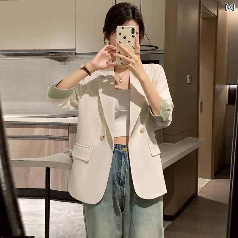 ビジネス　スーツ　ジャケット 七分袖の レディース 高級 スーツ ジャケット 白 カジュアル 小柄 エレガント ネット 風 夏用 薄手 トップ