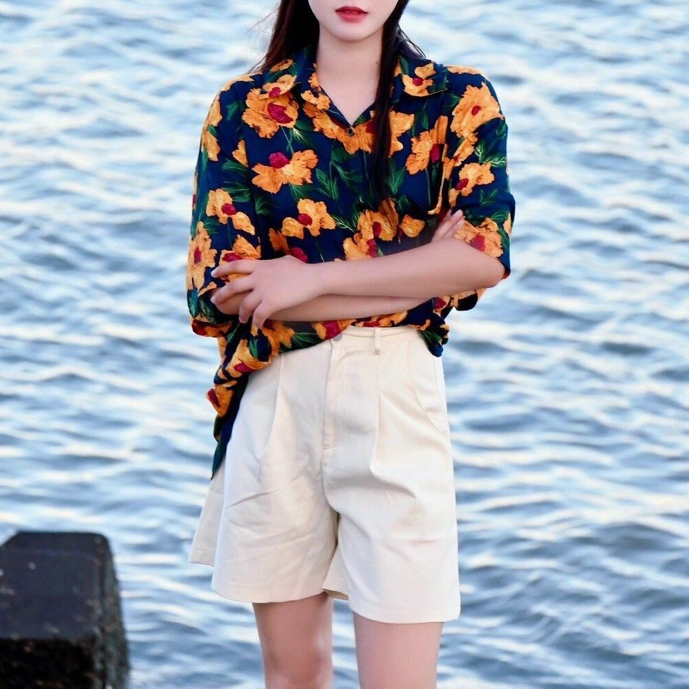 フレンチ プリント シャツ レディース アウター 半袖 トップス レディース 春夏 砂浜 リゾート風 ゆったり 花柄 シャツ867
