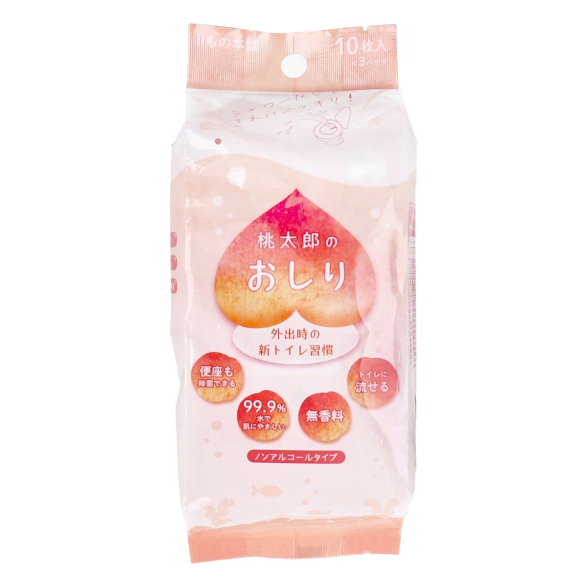 トイレに流せる除菌ウェットティシュ iiもの本舗 桃太郎のおしり ノンアルコールタイプ 無香料 10枚 3個入り X20パック