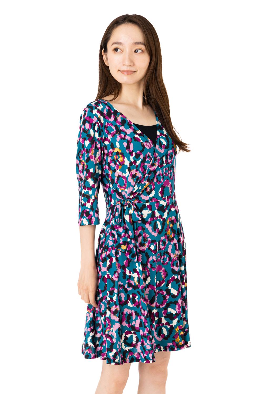 ファス(FAS)ワンピース T1 T2 T3サイズ5袖 膝丈 総柄 カシュクール Aライン ジャージー生地 きれいめワンピース レディース FilleASuivre