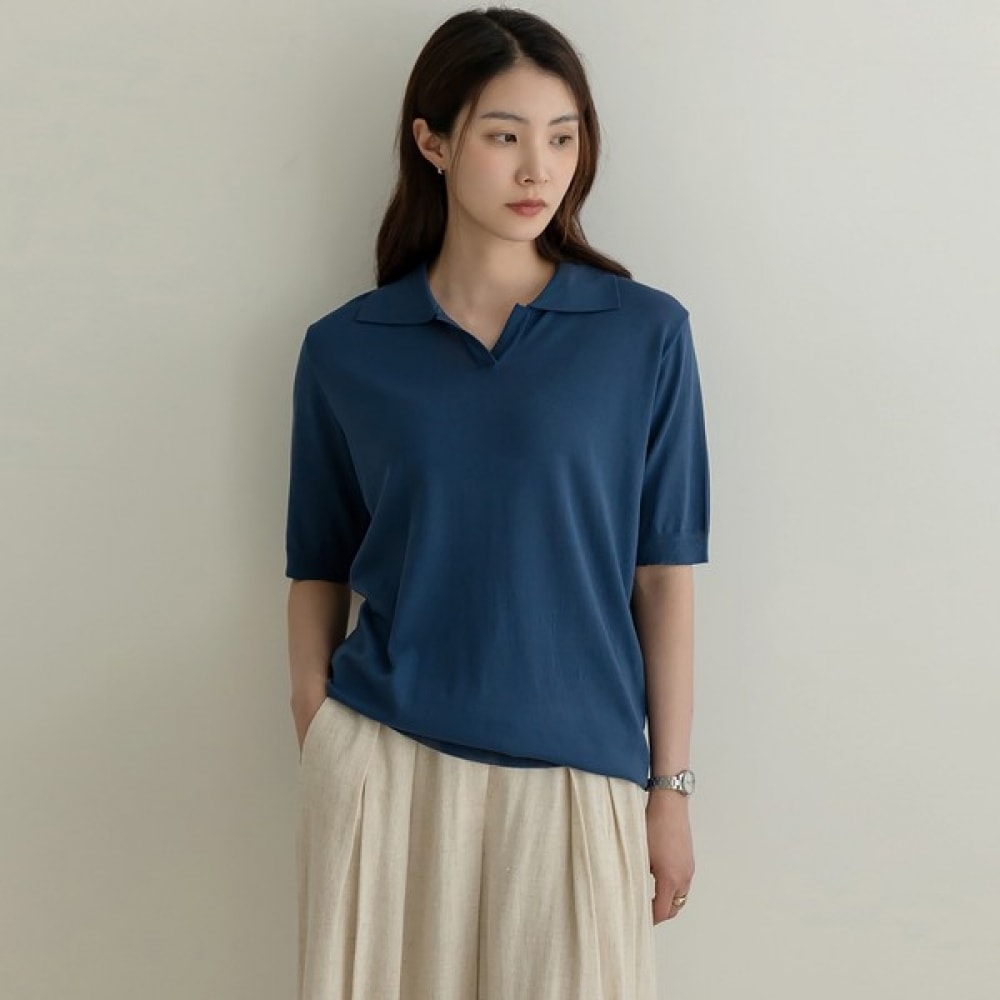 (Elysia) フリアハーフオープンリネンカラー半袖Tシャツ