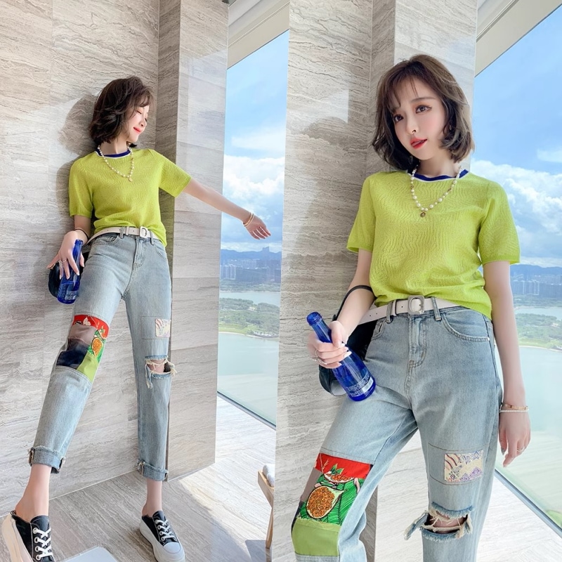 セットアップ 2点セット レディース Tシャツ 袖あり 半袖 ラウンドネック 無地 ライン 蛍光 パンツ デニム ジーンズ クロップド丈 ハイウエスト ベルト パッチワーク ダメージ加工