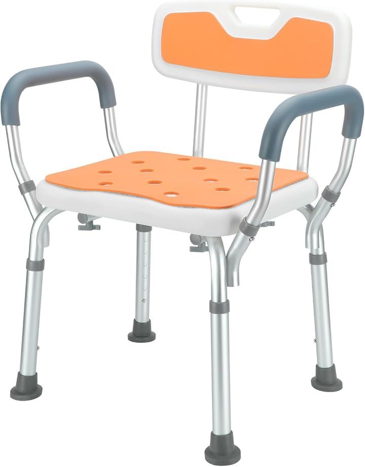 シャワーチェア 6段階高さ調節可能 軽量 丈夫 お風呂椅子 背もたれ付き 取り外し可能 手すり シャワークリップと滑り止めマット付き 日本語説明書付き(オレンジ, 背もたれ肘掛け)