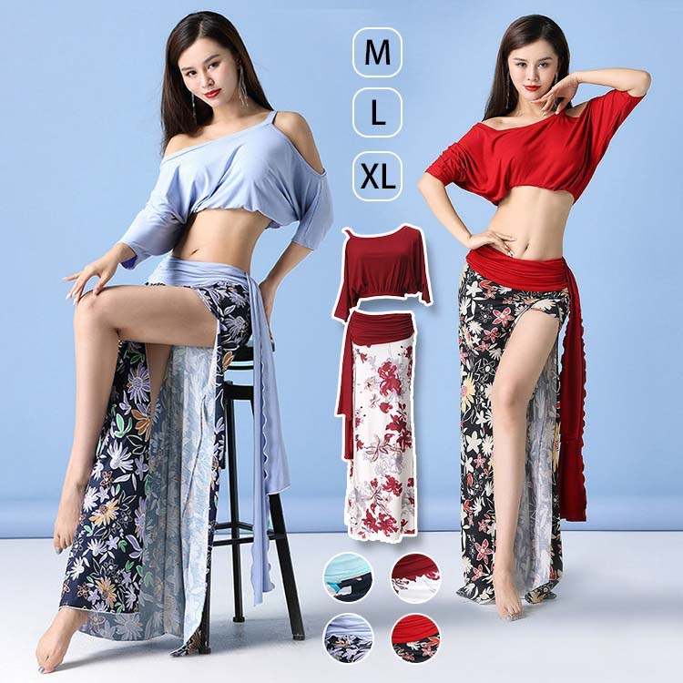 ベリーダンス衣装 社交ダンス レッスン着 ダンスウェア トップス 練習着 ステージ衣装 発表会 上下セット セクシー リボン ベリーダンス ラテンダンス ロングスカート 4color セットアップ ダ