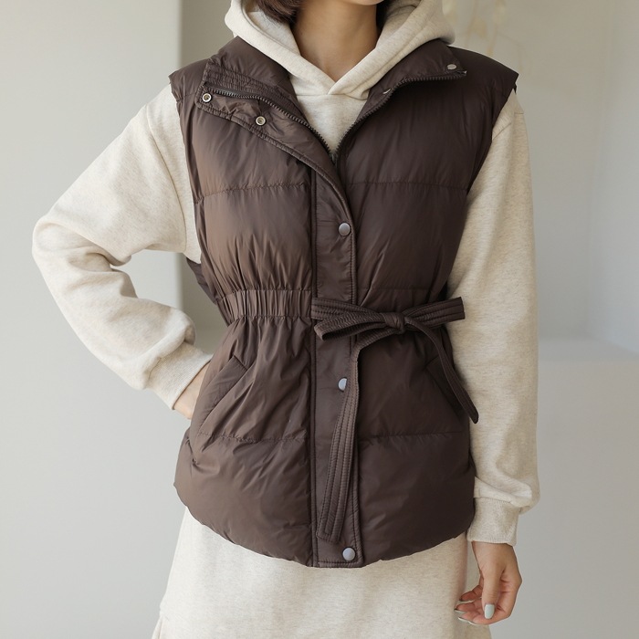 [韓国ファッション] 하이넥 리본 밴딩 패딩 조끼 베스트