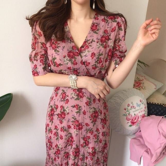 ワンピース レディース シャツ ブラウス ロング ワンピ 半袖 五分袖 夏 フレア スリム タイト 花柄 Vネック イベント 休日 お出かけ デート コーデ 女子会 普段使い エレガント