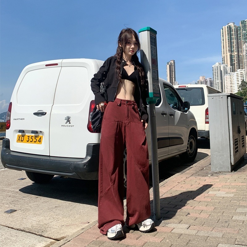 アンコラレッド香港スタイルヨーロピアンジーンズワイドレッグパンツレディース秋ハイウエストカジュアルルーズフロアモップパンツ