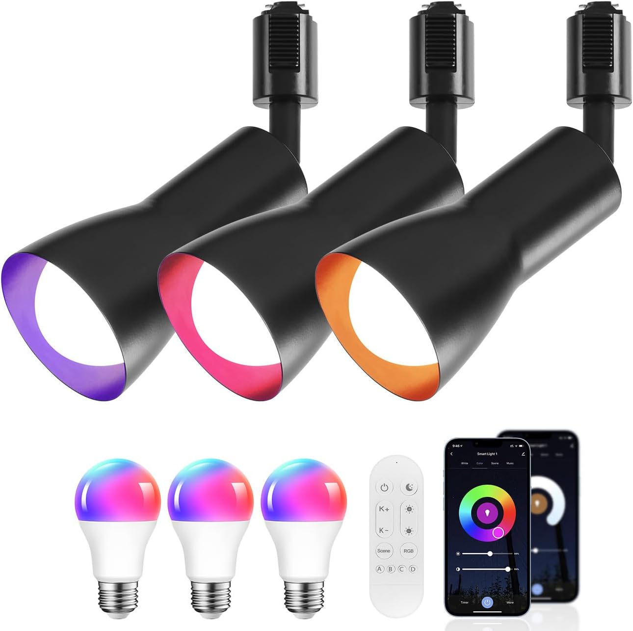 スポットライト ダクトレール 3個セット Wi-Fi E26口金 LED電球付き 60W形相当 調光調色 リモコン付き アプリ制御 スマートライト マルチカラー 電球色 昼光色 昼白色 照明器具 天井