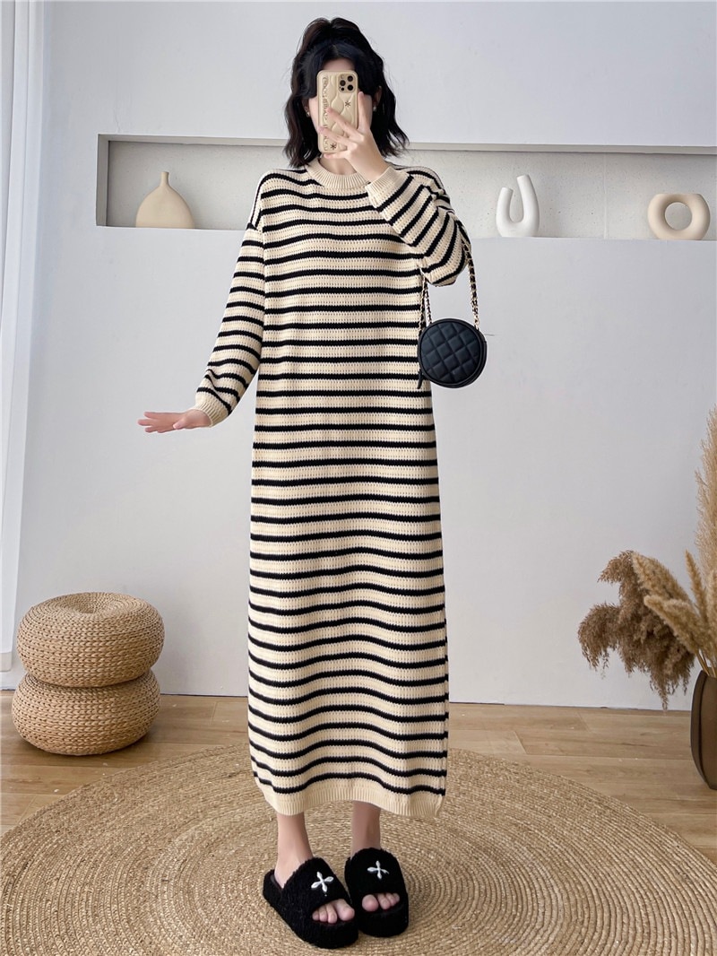 カジュアルストライプニットワンピース長袖ワンピース女性春冬新作ルーズボトムセーターワンピースロングスカート内側 5,729円