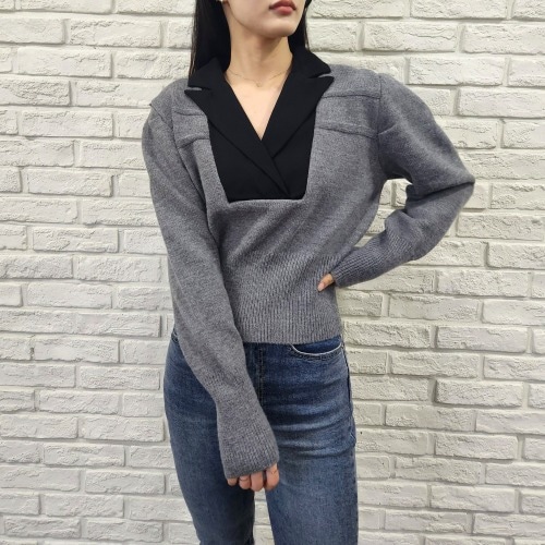 パフスリーブカラー クロップドグレーニットTシャツ