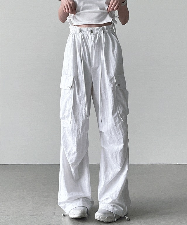 ブラックミラー 横 ピンタック カーゴ ナイロン ワイド ロングパンツ