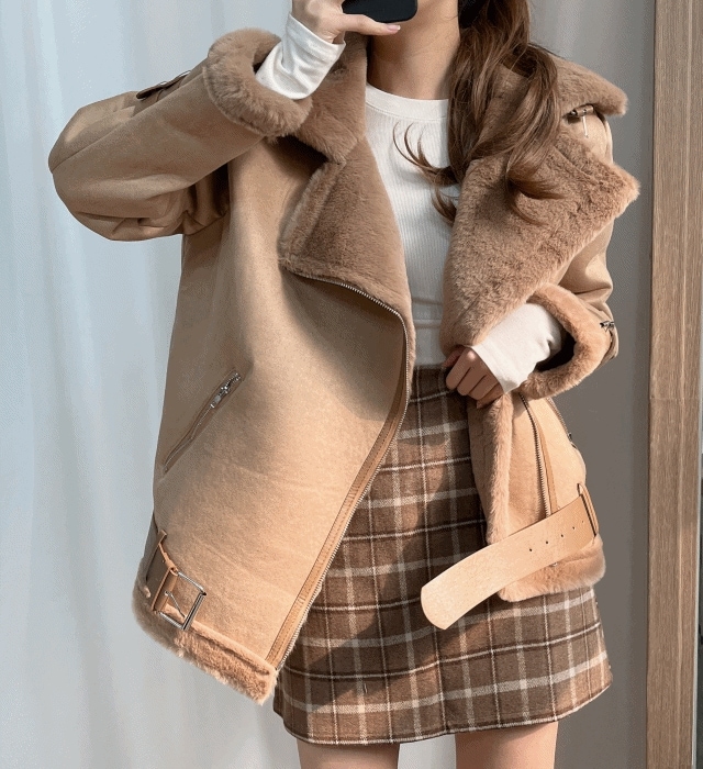 マロン バックル ファー ムートン コート (3color)