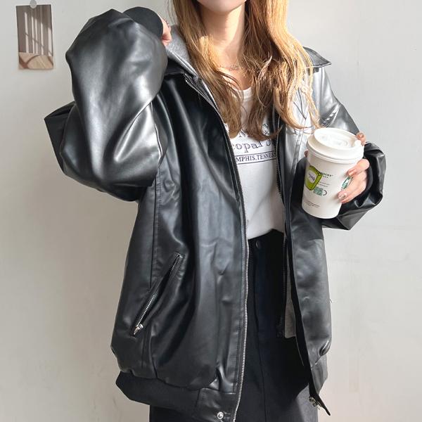 アウター ダウン ノーカラー ジャケット フェイクレザー レディース 冬 秋 配色 カジュアル /中綿入りレイヤード風フェイクレザーオーバージャケット