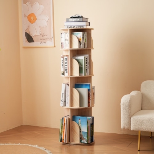 【4段-回転盤-マルチ高さ】無垢材 回転式本棚 飾り棚 絵本棚 360回転本棚 コミック収納棚 本棚 大容量 回転ラック 組立簡単 省スペース 収納ラック 4段5段