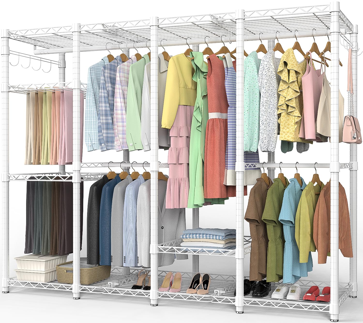 AQRA ハンガーラック 頑丈 4層 大容量 ワードローブ 4つの組み立て方法 棚板高さ調節可能 衣類収納 組み立てが簡単 ズボンラック付き ハンガー幅193.5 奥行き43.5 高さ195(ホワイト