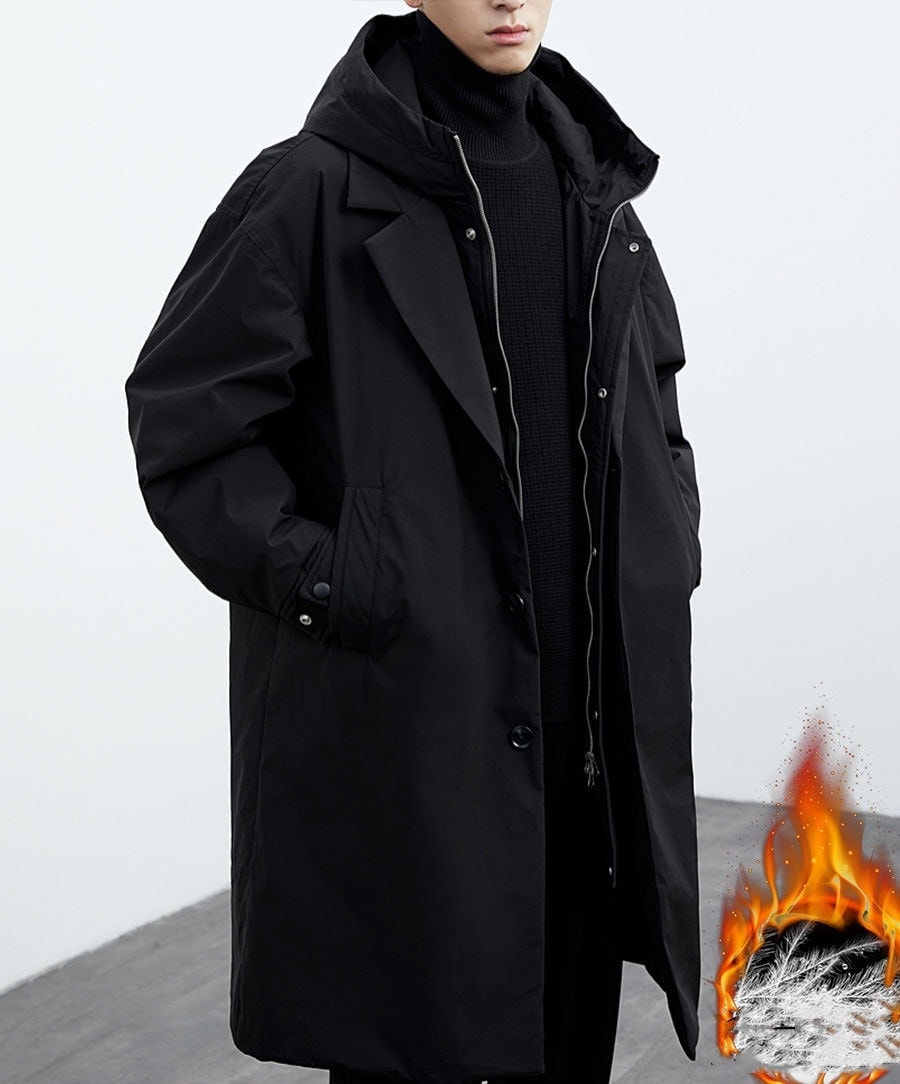 2025INS大人気 新作 メンズ ミドル丈 ファッション フェイクレイヤード 中綿 トレンチコート 冬 フード付き ダウンコート