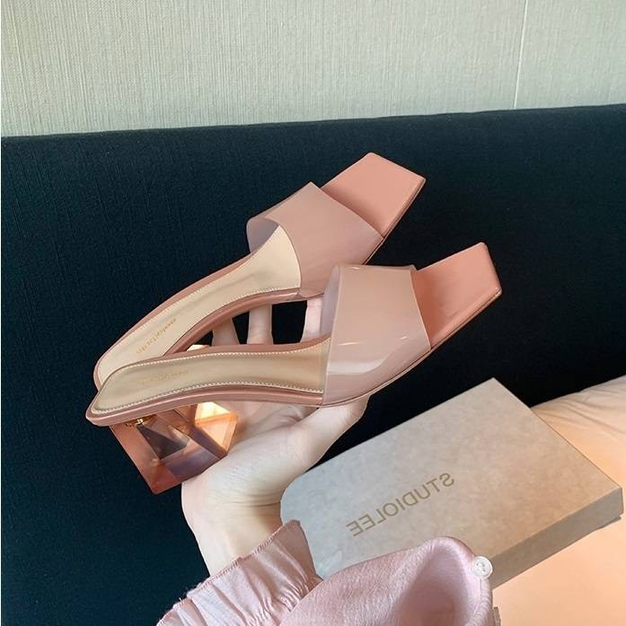 レディース サンダル ミュール ハイヒール 太ヒール スクエアトゥ ラインストーン クリア かわいい 大人可愛い きれいめ シンプル カジュアル 上品 おしゃれ エレガント ラブリー キュート ガーリ