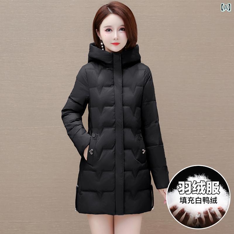 レディース ダウンジャケット ミドル丈 ホワイトダックダウン ジャケット 冬 ママ 快適 暖かい
