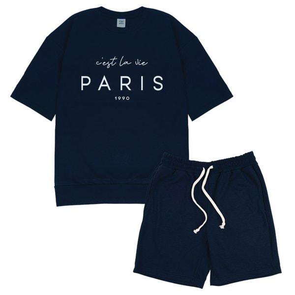 PARIS オーバーフィット半袖Tシャツスウェットパンツセットアップ 6色