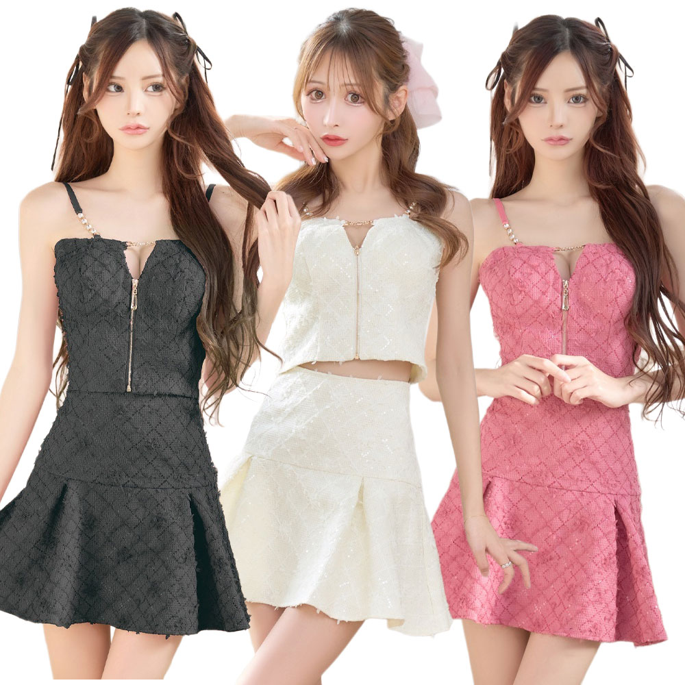 【SMLサイズ/3カラー】セットアップ ファスナー フレアスカート ショルダーストーン タイト セクシー ミニドレス キャバドレス [1373] 8,217円