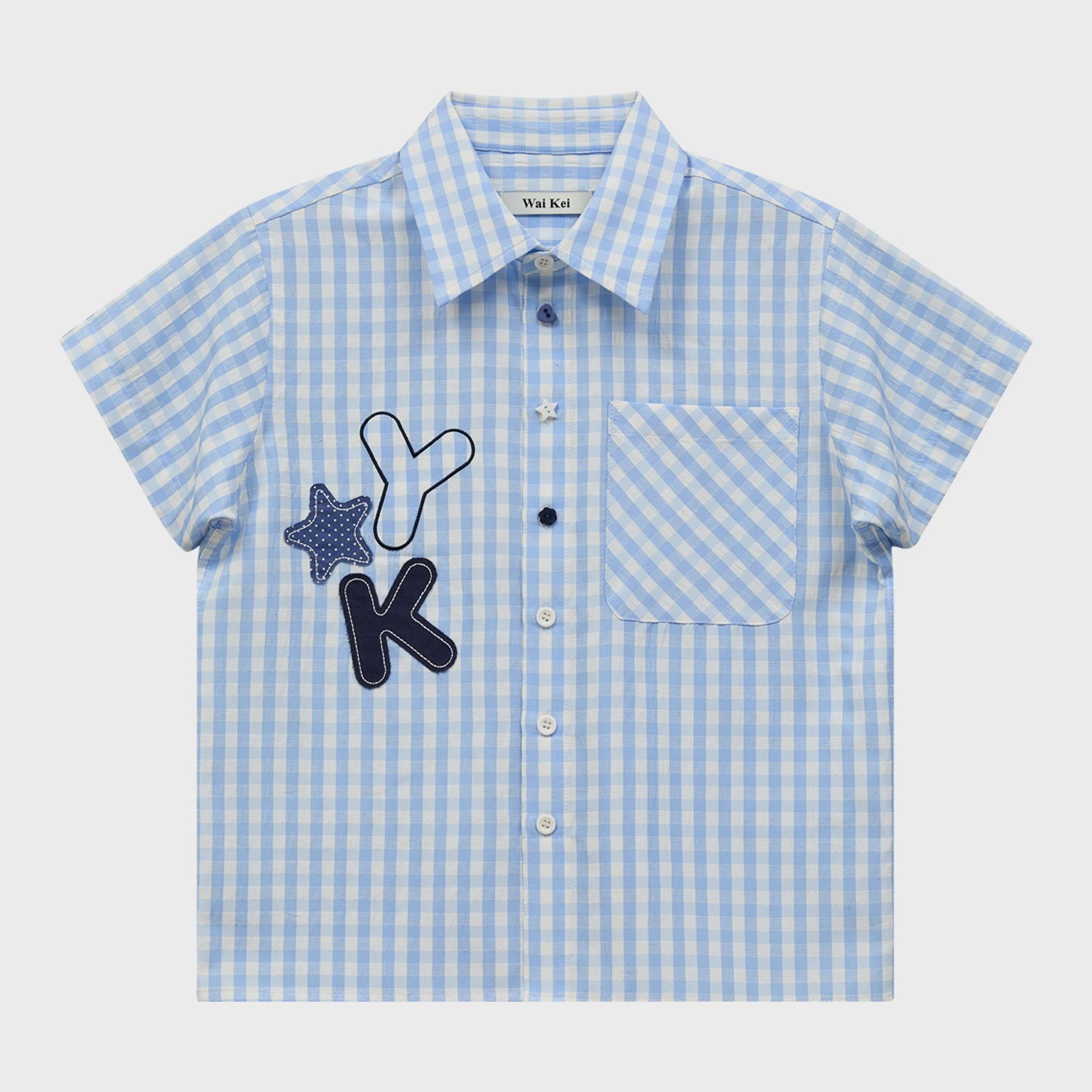 Check Applique Button Half Shirt SKYBLUE