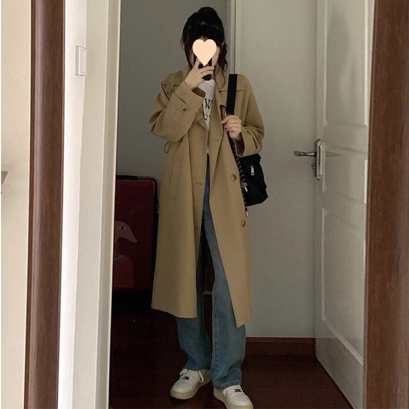 2025春秋の女性用ミドル丈膝上英国風ウインドブレーカーヘップバーンスタイル小柄な韓国風コートトレンドコート