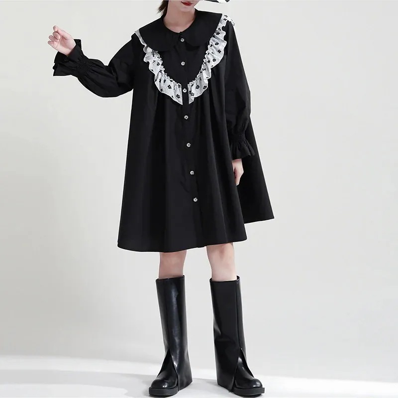 レディースカジュアルファッション長袖ワンピース黒シャツゆったり大きいサイズワイシャツ着痩せトップス春