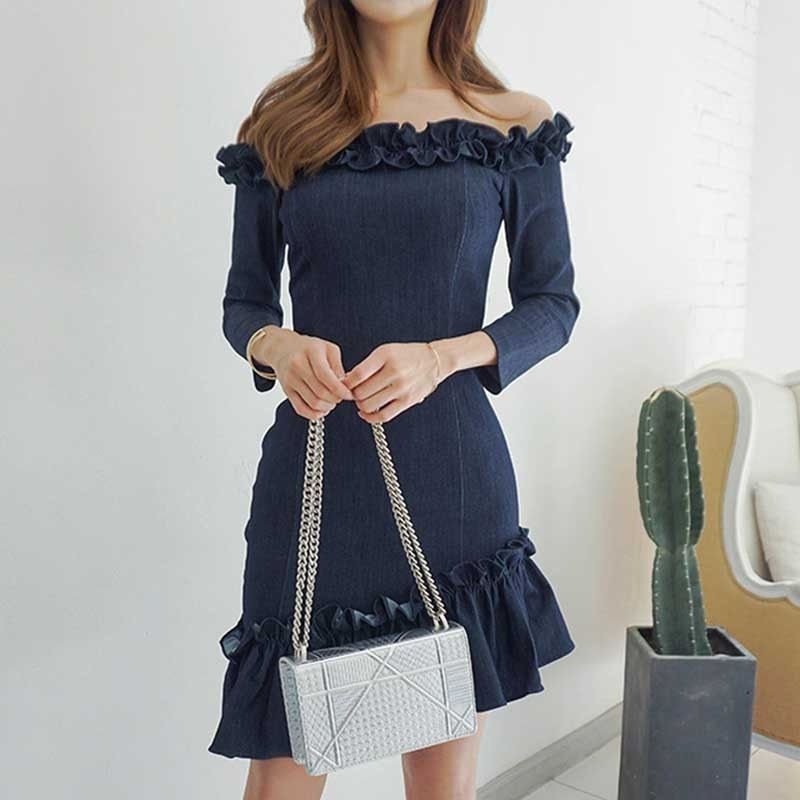 614.オフショルダーフリルアシンメトリーワンピース（インディゴ）