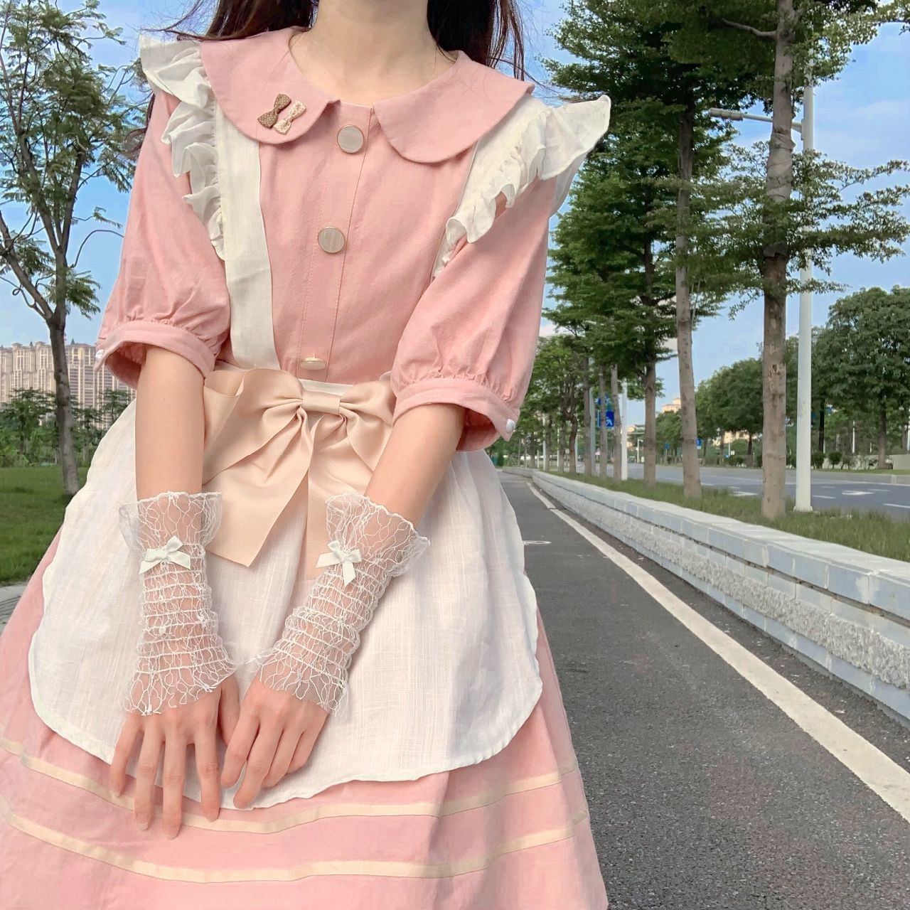 サマースーツ女子学生韓国版和風スモールフライングスリーブホワイトオーバースカート+ピンクドールカラードレスツーピースセット ワンピース