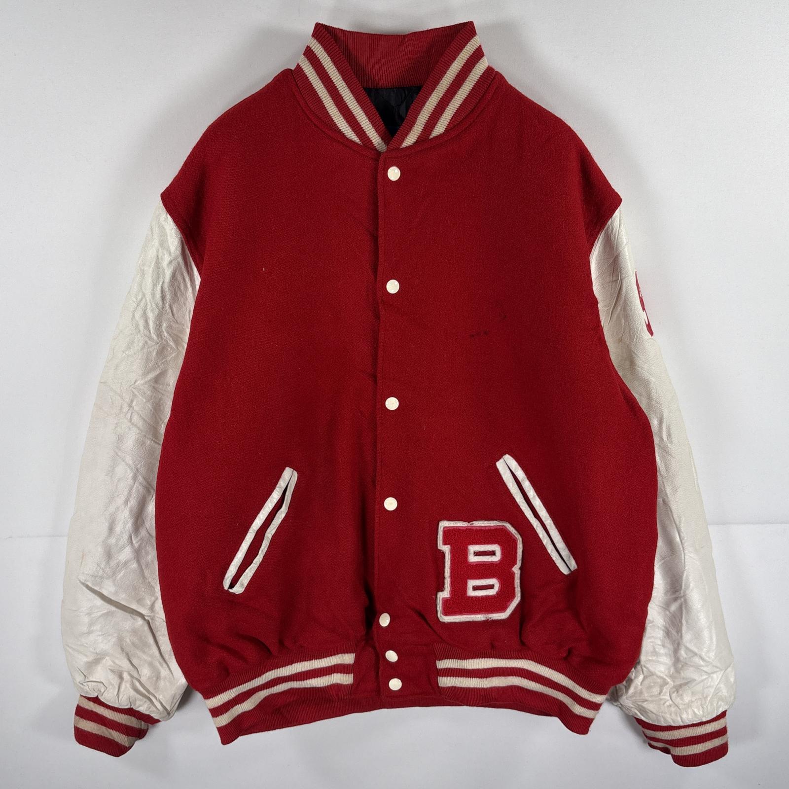 古着 90s/90年代 ホロウェイ Holloway USA製 ウール・レザースタジャン ワッペン 合革 カレッジ 大きいサイズ XXL レッド メンズ