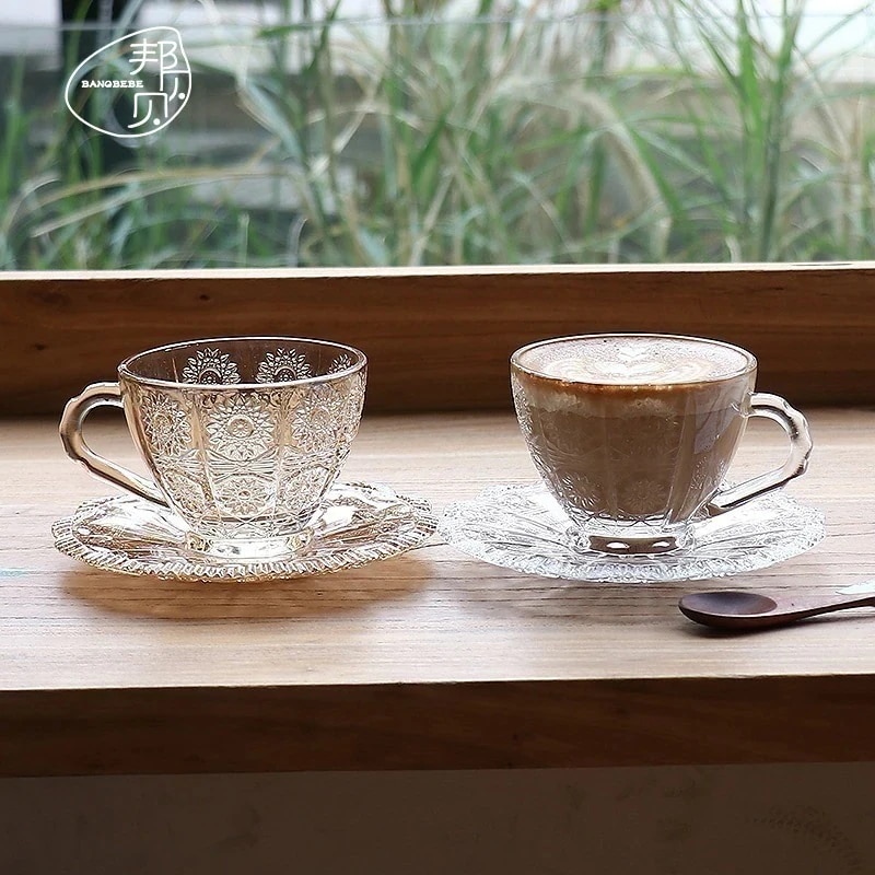 【9月の大上新】早くを選んでネットセレブガラスラテカップコーヒーカップとソーサーレトロ刻印ドリンクカップハンドル付きティーカップ