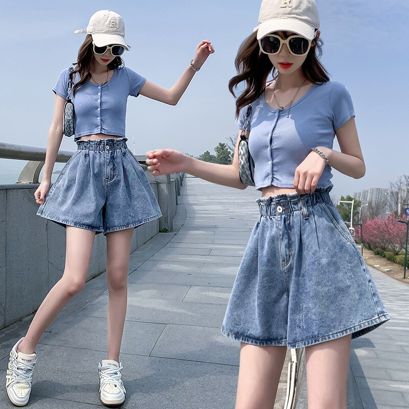 デニムパンツワイドパンツ接触冷感ボトムスズボンショットパンツジョガーパンツカジュアル運動レトロ流行りワイドパンツお肌に優しい