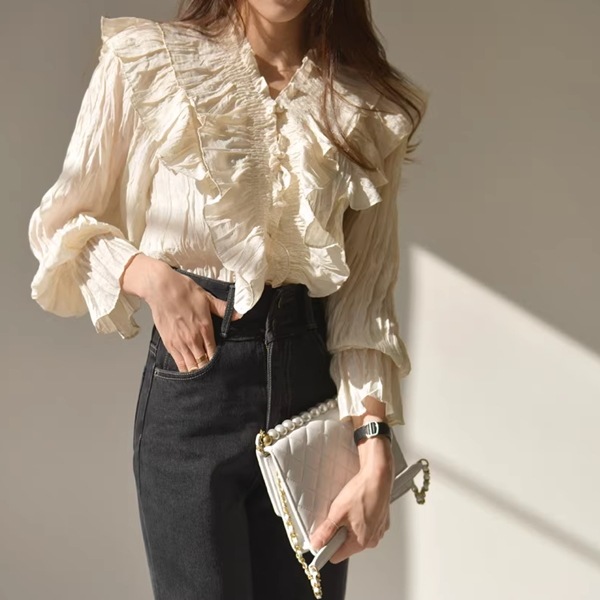 フリル V ネック シャツレディース トップス シャツ ブラウス 長袖 ベルスリーブ Vネック 襟なし ノーカラー ワイド フェミニン レース プリーツ ラッフル フリル パッチワーク ふわふわ