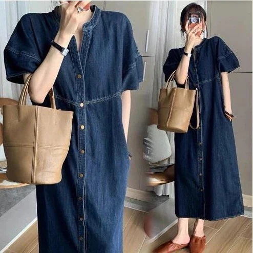 【急速発送】ワンピースヘビロテキャミワンピース 日焼け止め 半袖ワンピースロングワンピース 着痩せ ゆったり 港シャツワンピース レトロ レディース デニムワンピース 大サイズ