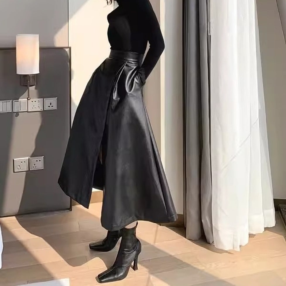 スカート レザースカート スリットスカート フレアスカート フレアスリットレザースカート フェイクレザースカート ラップスカート フレア ロング丈 ひざ下丈 無地 レディース かわいい 大人可愛い