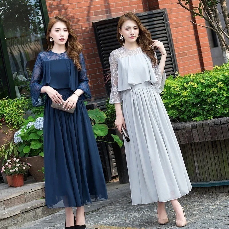 【送料無料】ワンピース　結婚式　パーティー　4　発表会　レース　二次会　披露宴　ロング丈　袖あり　上品