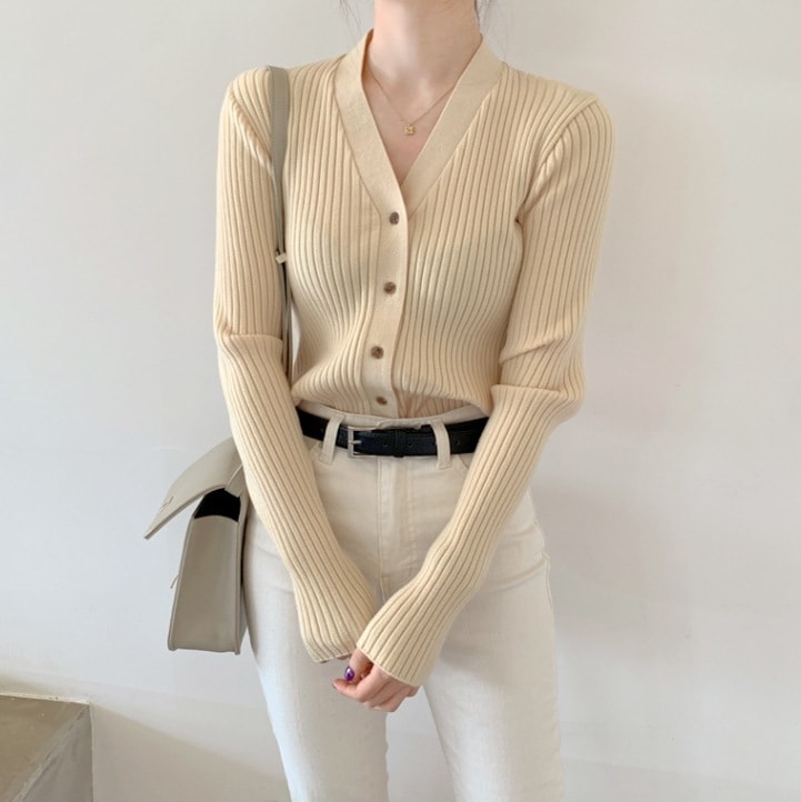長袖ニットカーディガン リブニットカーディガン 春秋ニットセーター エレガントカジュアルニット トップス ニットソー セーター カーディガン 白トップス 袖あり 長袖 Vネック スリム タイト 細身