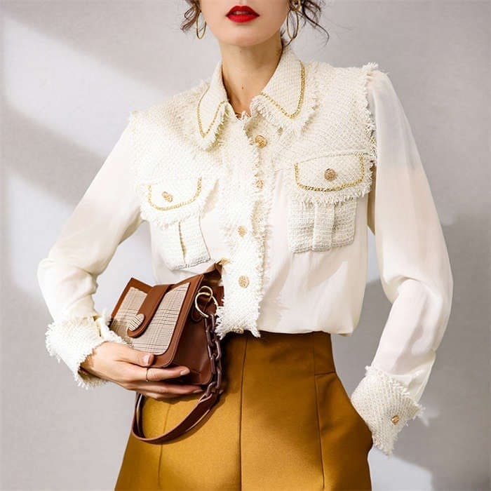 超,高評価シャツ レディース ジャケット カーディガン ツイード 長袖 無地 異素材切替 折り襟 春 夏 秋