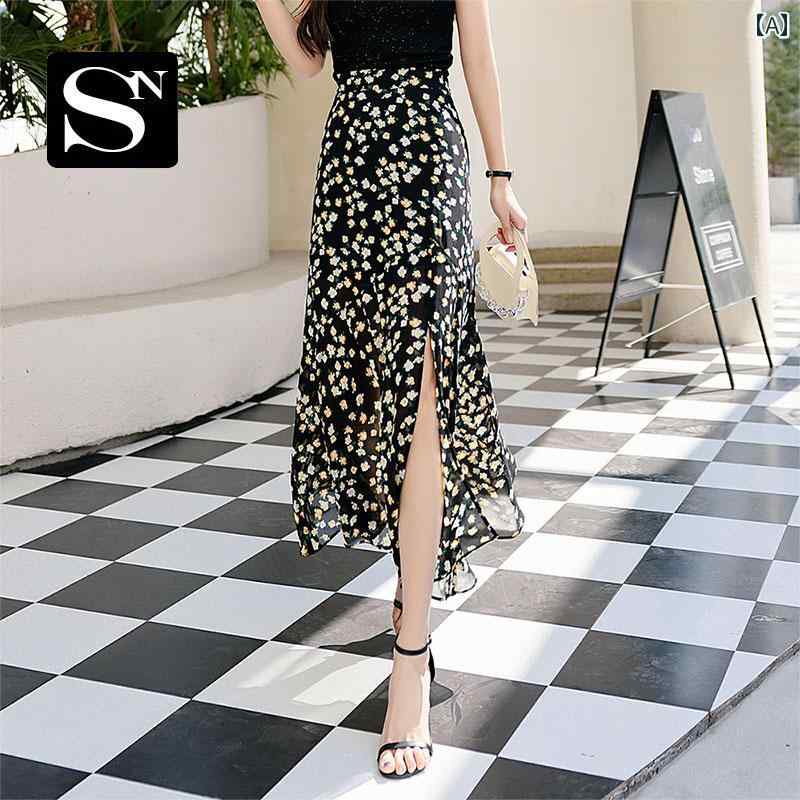 スカート　レディース　花柄 SPYB 花柄 スカート レディース 夏 ハイウエスト シフォン フィッシュ テール 小さい フレッシュ ヒップ 大きいサイズ スリム スリット ロング