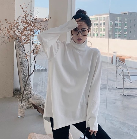 トップス カットソー 長袖 ハイネック セミフレア アシンメトリー デザイン ニュアンス 伸縮性 モノトーン リラックス クリーン かわいい 大人可愛い きれいめ シンプル カジュアル 大人 上品